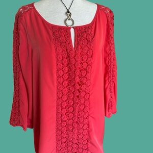 Coral floral lace long sleeve with gold button